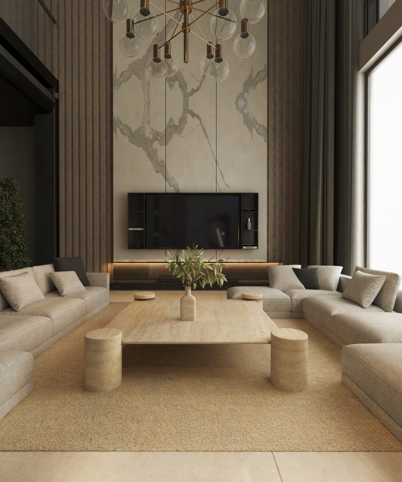 Square Travertine Coffee Table with Cylindrical Legs - Architectural Natural Stone Furniture | LuxuryMarbleHome