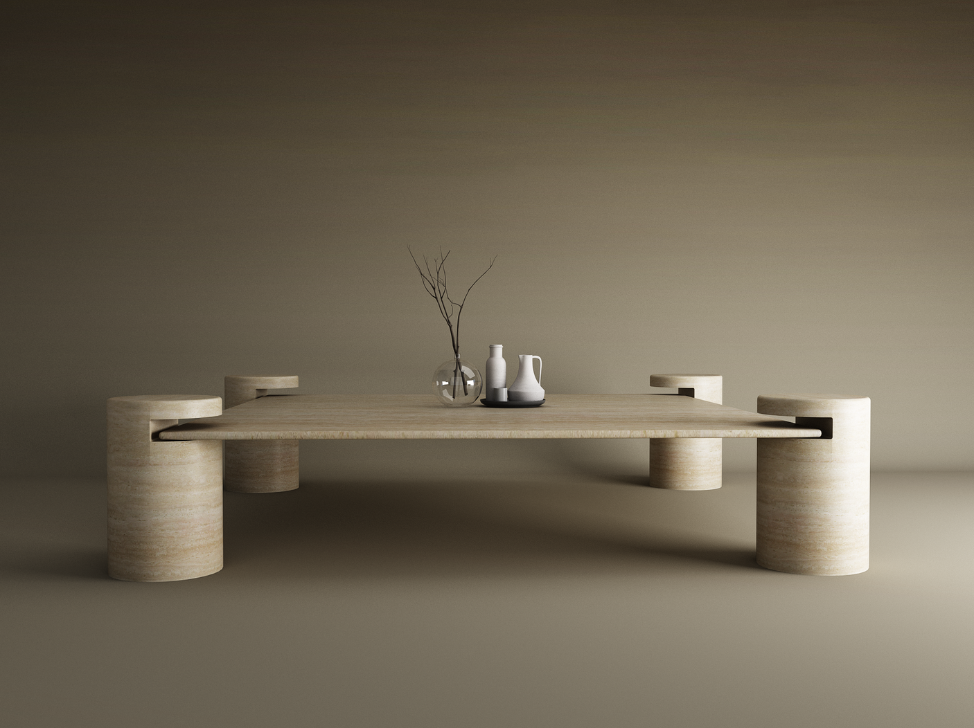 Square Travertine Coffee Table with Cylindrical Legs - Architectural Natural Stone Furniture | LuxuryMarbleHome