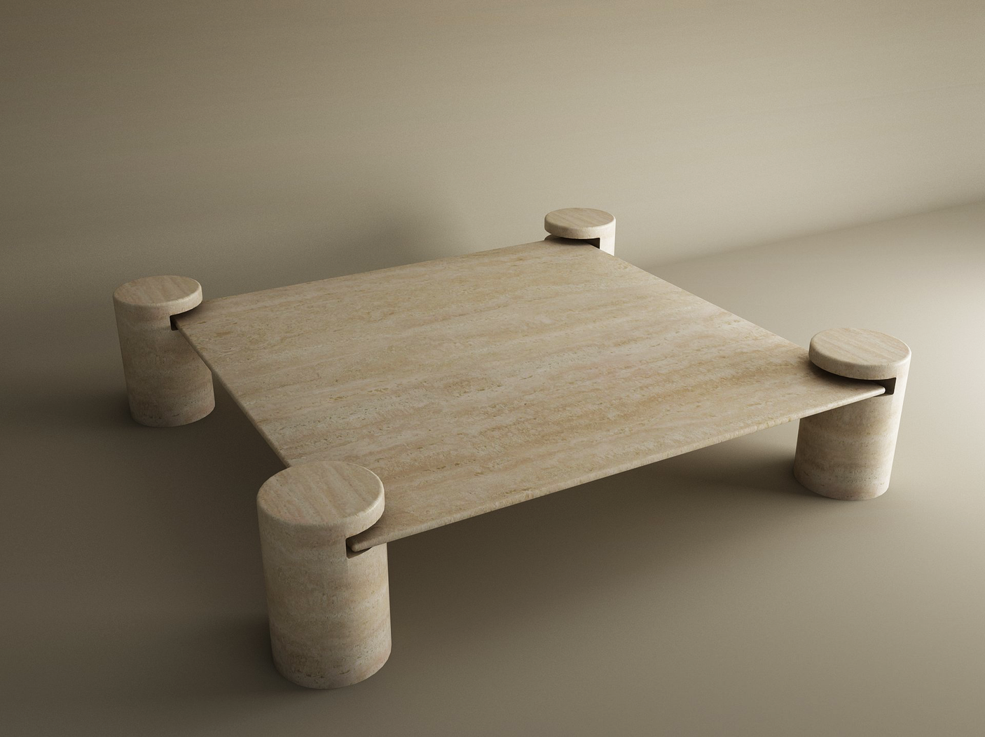 Square Travertine Coffee Table with Cylindrical Legs - Architectural Natural Stone Furniture | LuxuryMarbleHome