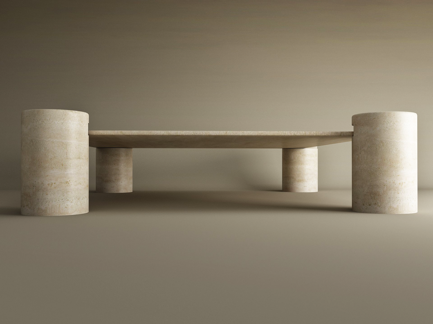 Square Travertine Coffee Table with Cylindrical Legs - Architectural Natural Stone Furniture | LuxuryMarbleHome
